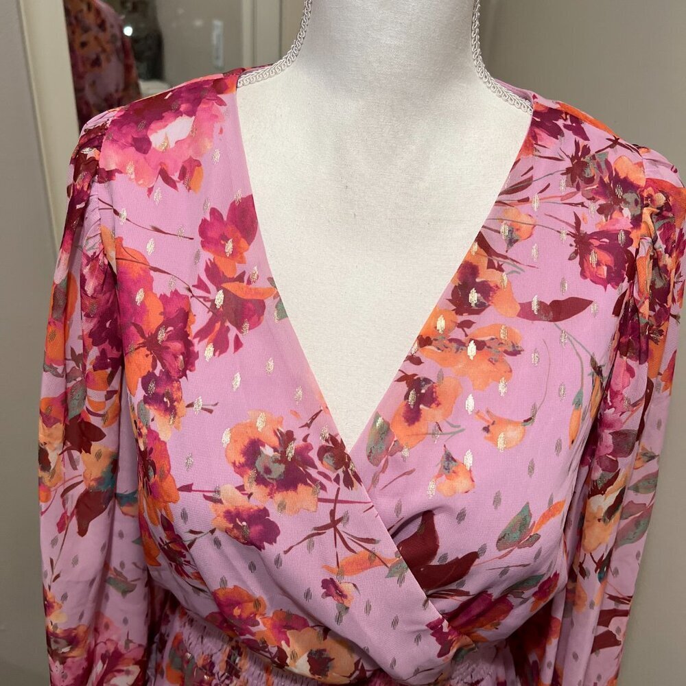 MSK Pink Floral Smocked Waist Tiered Mini Dress, Size Medium - Picture 4 of 16